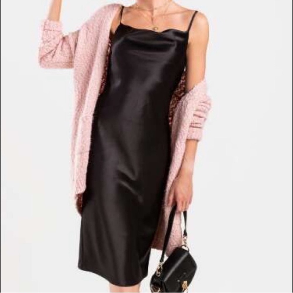 Francesca's Collections Black Midi Dress with Pink Cardigan